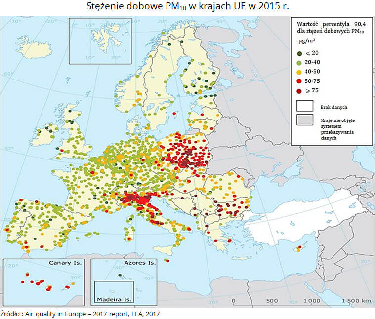 Stężenie dobowe PM10 w krajach UE w 2015 roku